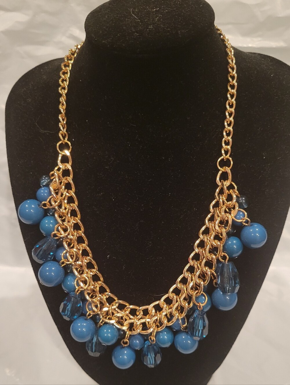 Gold-Tone Chain Necklace with Blue Bead Drops